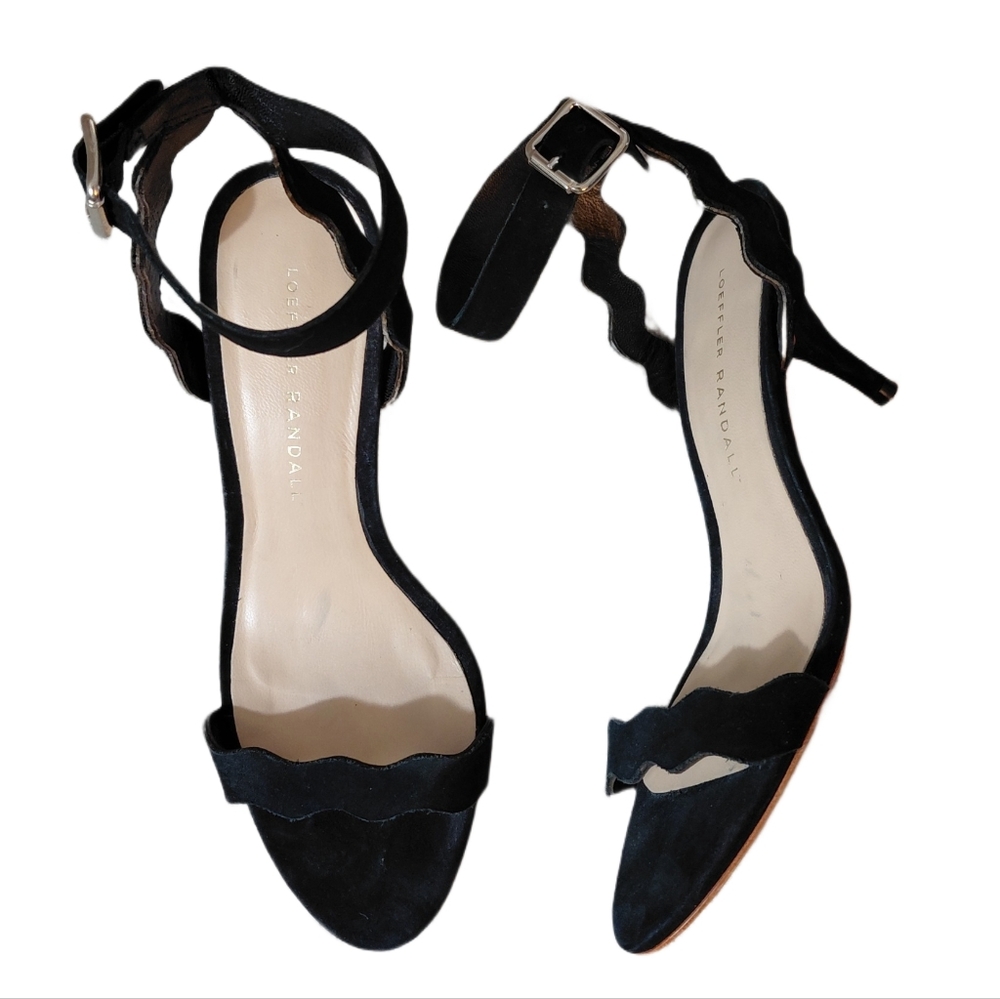 Loeffler Randall Reina Black Kitten Heels Sz 6.5 Scalloped Strap Suede Sandal
